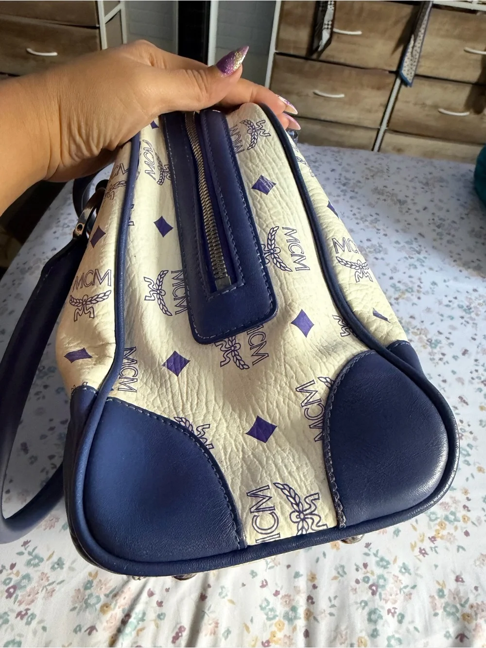 MCM Cream Satchel with Blue Trim and Yellow Accents